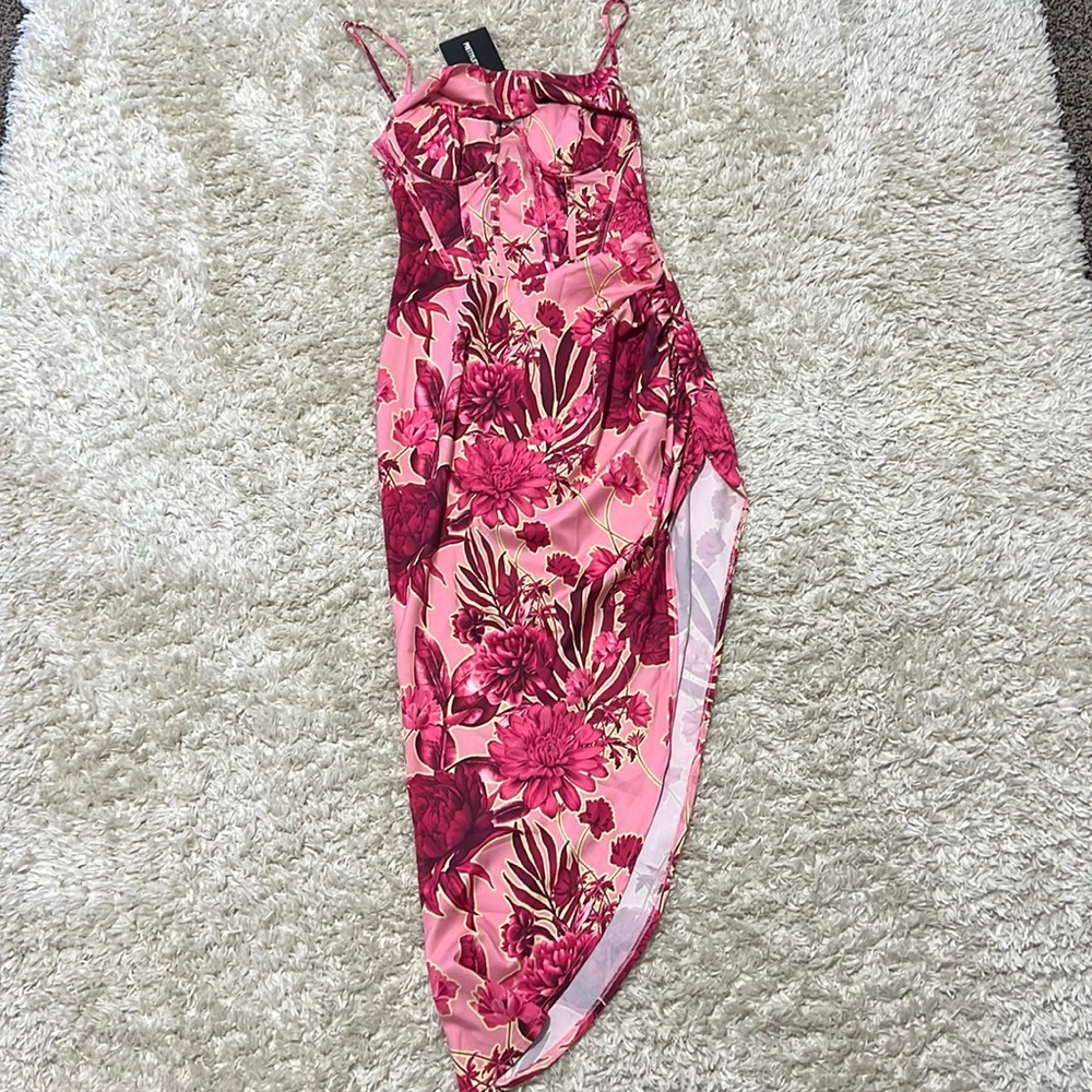 NWT PrettyLittleThing Pink Abstract Floral Print Asymmetric Dress - Size 0
